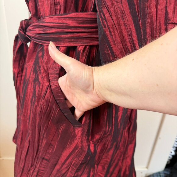 Puli Plisse Crepe Ruby Red Shirt Dress 16 Holiday Party Pockets Button-up Belted - Picture 4 of 9